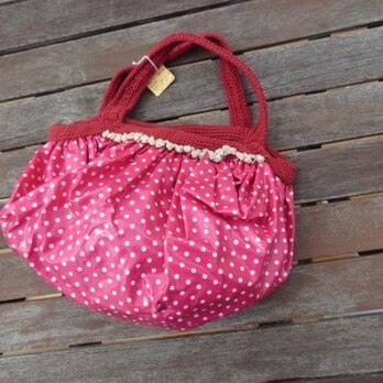 編み作家の作る一枚布バッグ【水玉ピンク】の画像
