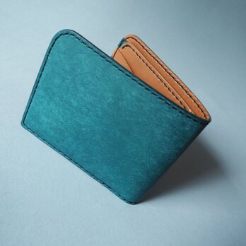 イタリアンレザーの二つ折り財布（ブルー×キャメル）の画像