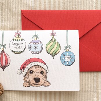 クリスマスカード＊オーナメントとサンタ犬の画像