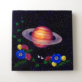 油絵　アートキャンバス「Night Flower」宇宙　土星の画像