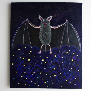 油絵　アートキャンバス「夜を作る」F8 蝙蝠　コウモリの画像