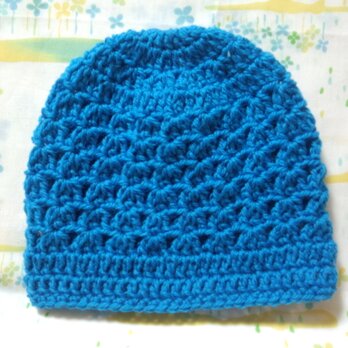 ☆手縫い屋☆ウール100％編み編み帽子☆シェル編み模様☆47㎝~☆青空色☆優しくフィット☆ギフトの画像
