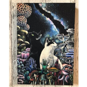 星月猫★アート「星降るキノコの森」絵画　SM 複製画　木製パネル貼り　22.7cmｘ15.8cm　厚み２㎝「010」 猫 キノコの画像