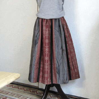 着物リメイク♪３種の大島紬でストライプパッチスカート（裏地付き）の画像
