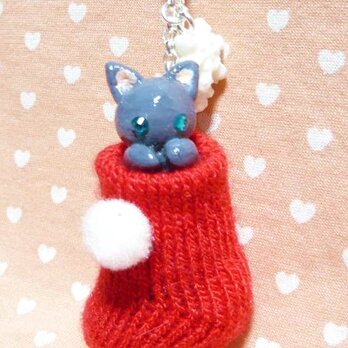にゃんこのしっぽ○クリスマス〇赤いくつしたストラップ〇ロシアンブルー猫の画像