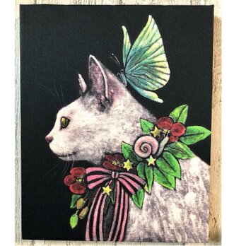 星月猫★アート「白猫」絵画　F3 複製画 　木製パネル貼り27.3cmｘ22cm「007」の画像