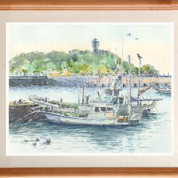 水彩画原画　江の島と腰越漁港Aの画像