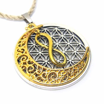 フラワーオブライフ・メビウスの輪　ヘンプ ネックレス（三日月 金色）（生命の花/神聖幾何学）Bの画像