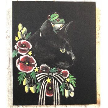 星月猫★アート「黒猫」絵画　F3　複製画 木製パネル貼り27.3cmｘ22cm　厚み２㎝　「011」の画像