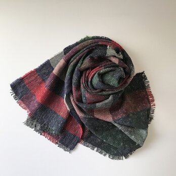 尾州経て編みざっくりブロックチェックストールマフラー