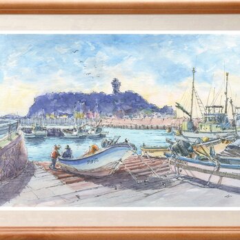 水彩画原画　江の島と腰越漁港 Ｂの画像