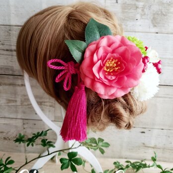 甘花 サーモンピンク椿の髪飾り11点Set No367の画像