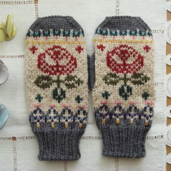 ROSE柄ミトン～グレーXレッド