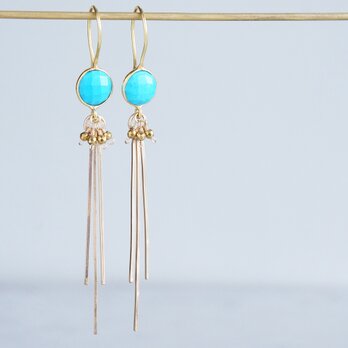 Long Dangle Earrings,Gemstone Turquoise -14KGF Fringe -の画像