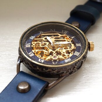 メカニックゴールド　AT　ブルー　真鍮　手作り腕時計の画像