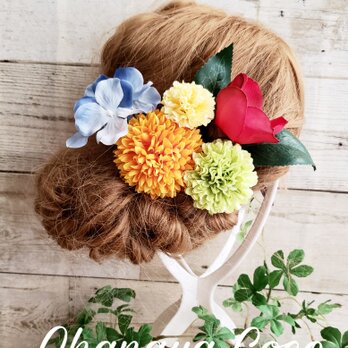 早春椿とポンポンマムの髪飾り5点Set No375の画像
