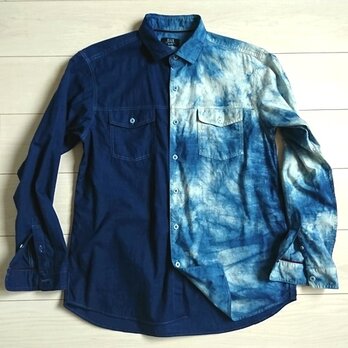 ◆100％自然素材　天然灰汁発酵建て 本藍染◆　☆エノクの輪ブランド☆　むらくも染めデザインシャツの画像