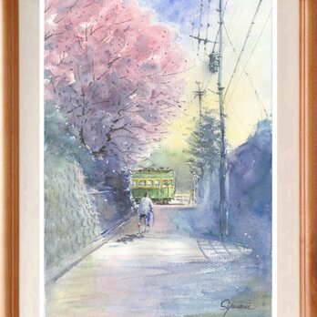 水彩画原画　江ノ電と桜 ６の画像