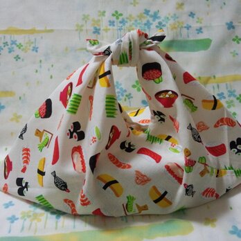【手縫い】あづま袋☆横32㎝☆お寿司柄・白色☆お弁当袋・エコバック・バッグインbagの画像