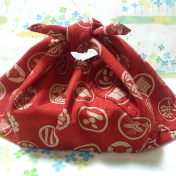 【手縫い】あづま袋☆横32㎝☆家紋和柄☆紅色地☆お弁当袋・バッグインbag・エコバックの画像