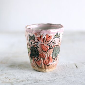 手捻りカップ・鳥とハート