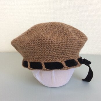 １周年記念価格〜ベルベットリボンのベレー帽アルパカ×ラムウールウール茶色系+ブローチの画像