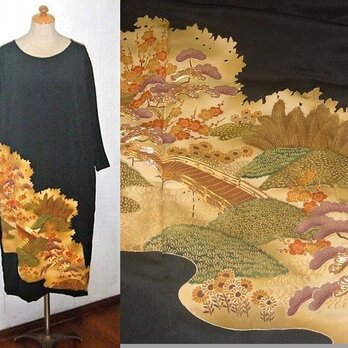 着物リメイク♪梅・松・花模様が素敵なアンティークの留袖ゆったりワンピース♪ハンドメイド♪の画像