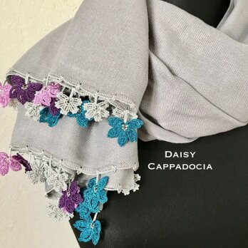 【オータムセール】刺繍のお花つき　パシュミナストール　ライトグレーの画像