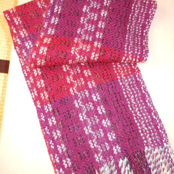 手織り マフラー MUF131A ウール 赤紫 模様織り 防寒の画像
