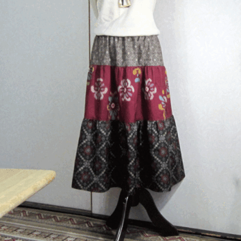 着物リメイク♪大島紬と銘仙のおしゃれな３段ティアードスカート（裏地付き）の画像