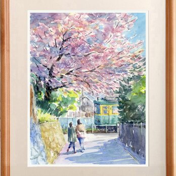 注文制作します　水彩画原画　江ノ電と桜 ７の画像