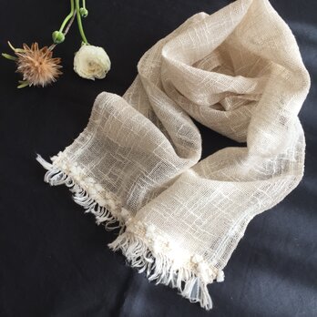 handwoven soft scarf (ecru: linen + cotton)生成の綿麻 手織りストール(type A)の画像