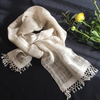 handwoven soft scarf (ecru: linen + cotton)生成 綿麻 手織りストール(type B)の画像