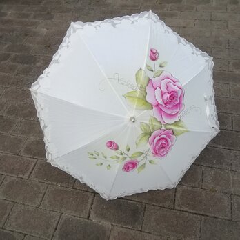 ｢華やぐひととき」エレガントなピンクローズ カットレース傘【UV対策·晴雨兼用】 ハンドペイントの薔薇の画像