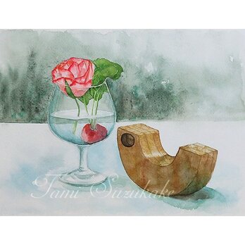 水彩画（原画）「薔薇と木製玩具」の画像