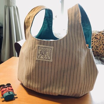 kororin bag basic　ピンストライプ・ベージュ＆ターコイズブルーの画像