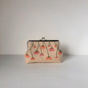 *sale* 花模様＊ピンク・オレンジ色 - 18㎝リネンガマ口ポーチ