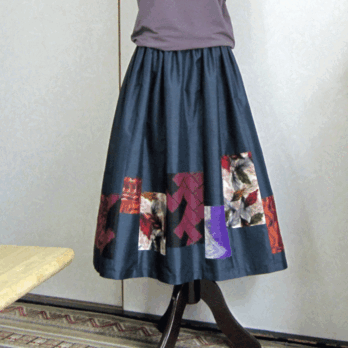 着物リメイク♪大島紬と色々銘仙パッチスカート（裏地付き）の画像