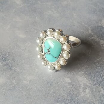① Freshwater Pearl & Turquoise Ring　【一点物】の画像
