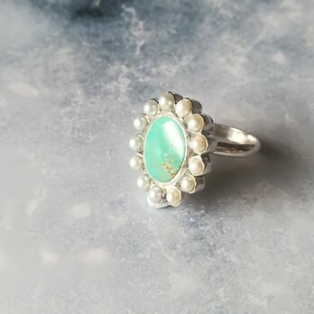 ②Freshwater Pearl & Turquoise Ring　【一点物】の画像