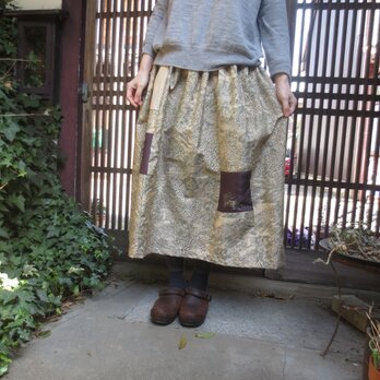 着物リメイク☆墨絵のような美しい染め紬の春色スカート80㎝丈の画像
