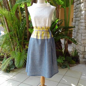 (Ｍ) 青×黄×白 北欧カラー 刺繍 リゾート コットン ドレス ワンピースの画像