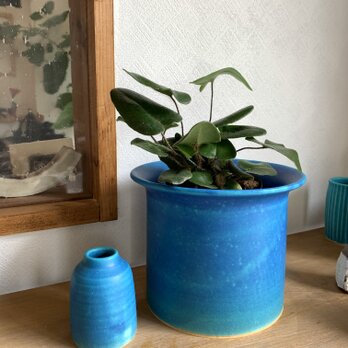 植木鉢M ターコイズブルー　受け皿付きの画像