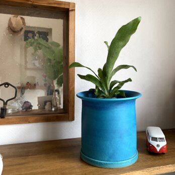 植木鉢M ターコイズブルー　受け皿付きの画像