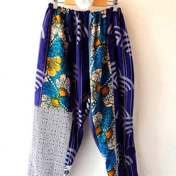 着物パッチワークサルエルパンツ　扇ｘアフリカンテキスタイル　ロング