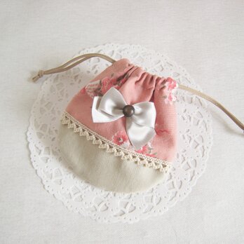 可愛いリボンを付けた花柄ミニ巾着袋（ピンク×ベージュ）の画像
