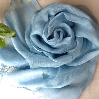再出品【藍の生葉染め】コットン＆シルクすかしストライプ柄ストール　水浅葱色の画像