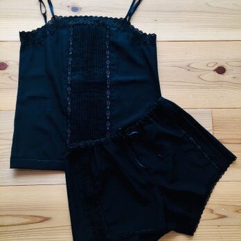 リボンレースタックシルクキャミソール パンツ セット ブラック