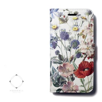 【両面デザイン】 iphoneケース 手帳型 レザーケース カバー（花柄×ブラック）ヴィンテージフラワー　ボタニカルの画像