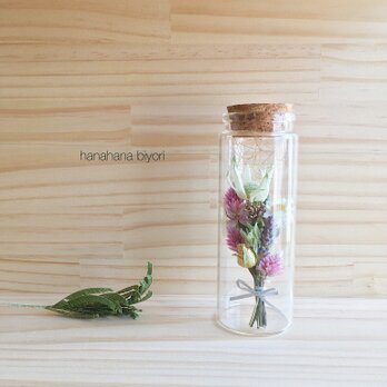 フランネルフラワーと小花のミニミニブーケの小瓶の画像